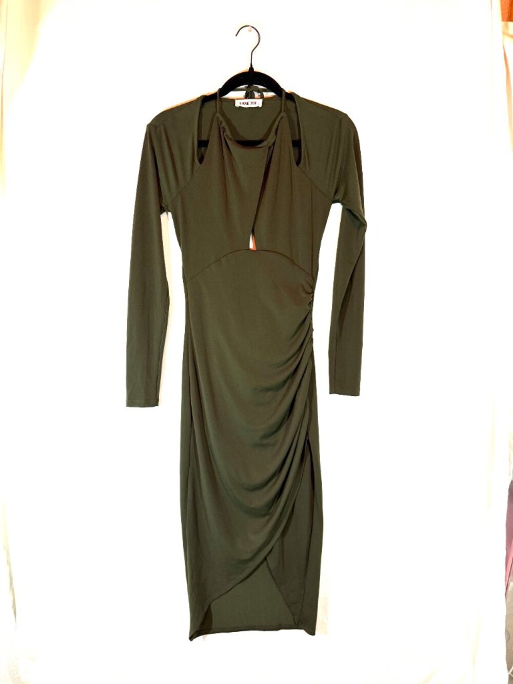 Lane 201 Green Long Sleeve Tie Neck Open Back Ruched Skirt Dress Size Small